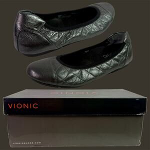 Vionic Women's 8 Pewter Gray Prim Ava Quilted Leather Orthopedic Ballet Flats